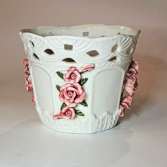 Vintage 80s Bloom Rite Planter Container White Pink 3D Roses Coquette - Picture 1 of 5